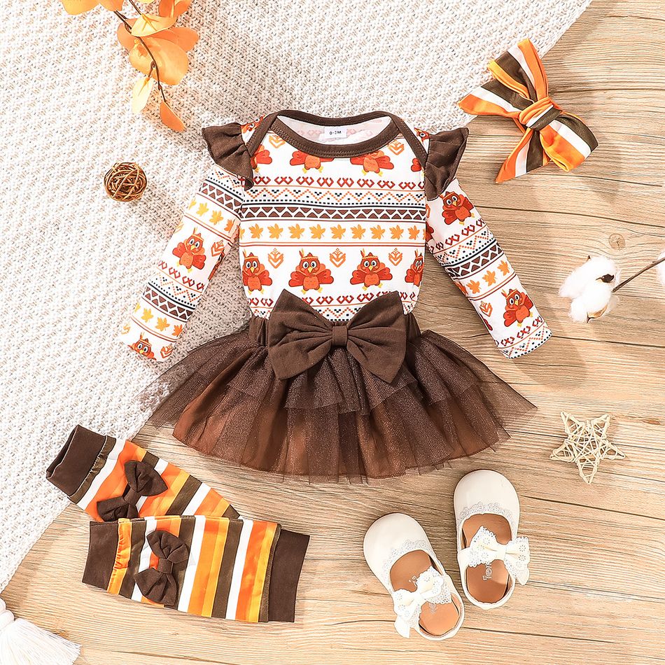 Thanksgiving Day 4pcs Baby Girl Allover Turkey Print Ruffle Long-sleeve Romper and Layered Mesh Skirt with Calf Sleeves & Headband Set Brown big image 2