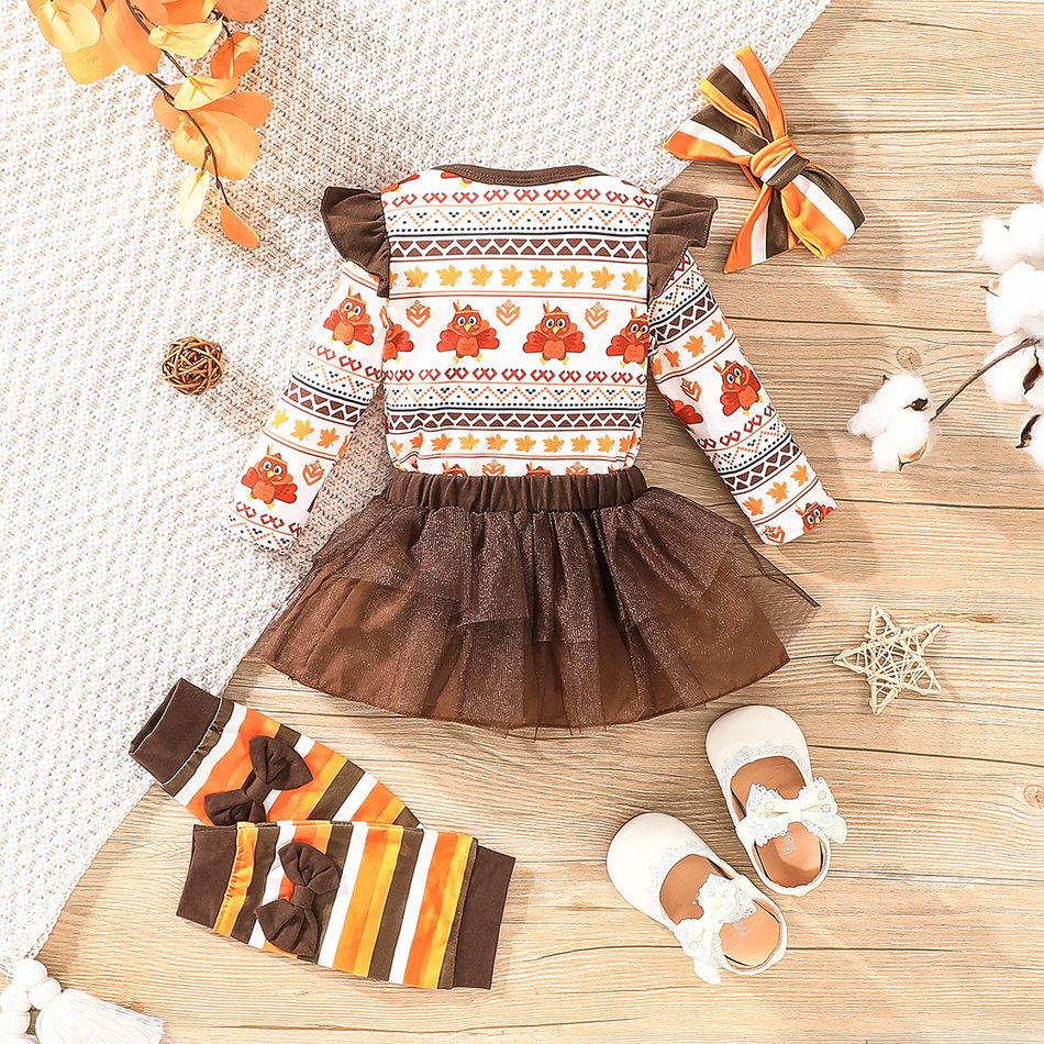 Thanksgiving Day 4pcs Baby Girl Allover Turkey Print Ruffle Long-sleeve Romper and Layered Mesh Skirt with Calf Sleeves & Headband Set Brown big image 3