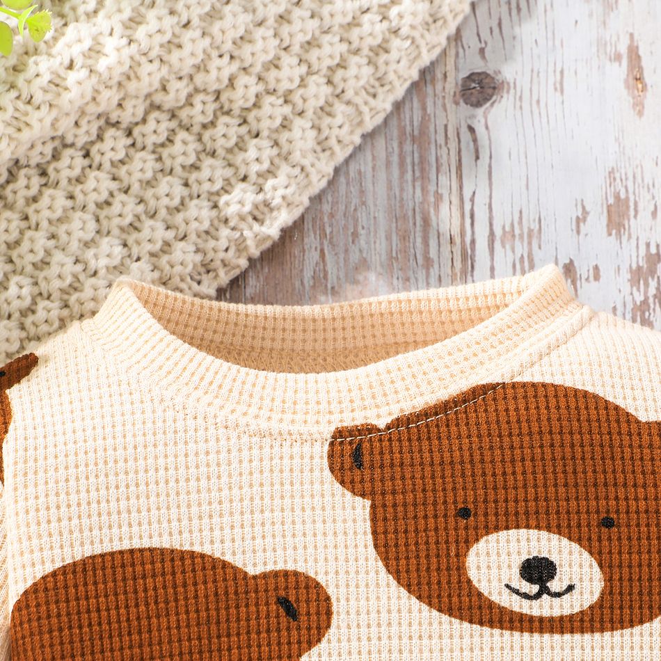 2pcs Baby Boy/Girl Allover Bear Print Long-sleeve Waffle Sweatshirt and Sweatpants Set Khaki big image 4