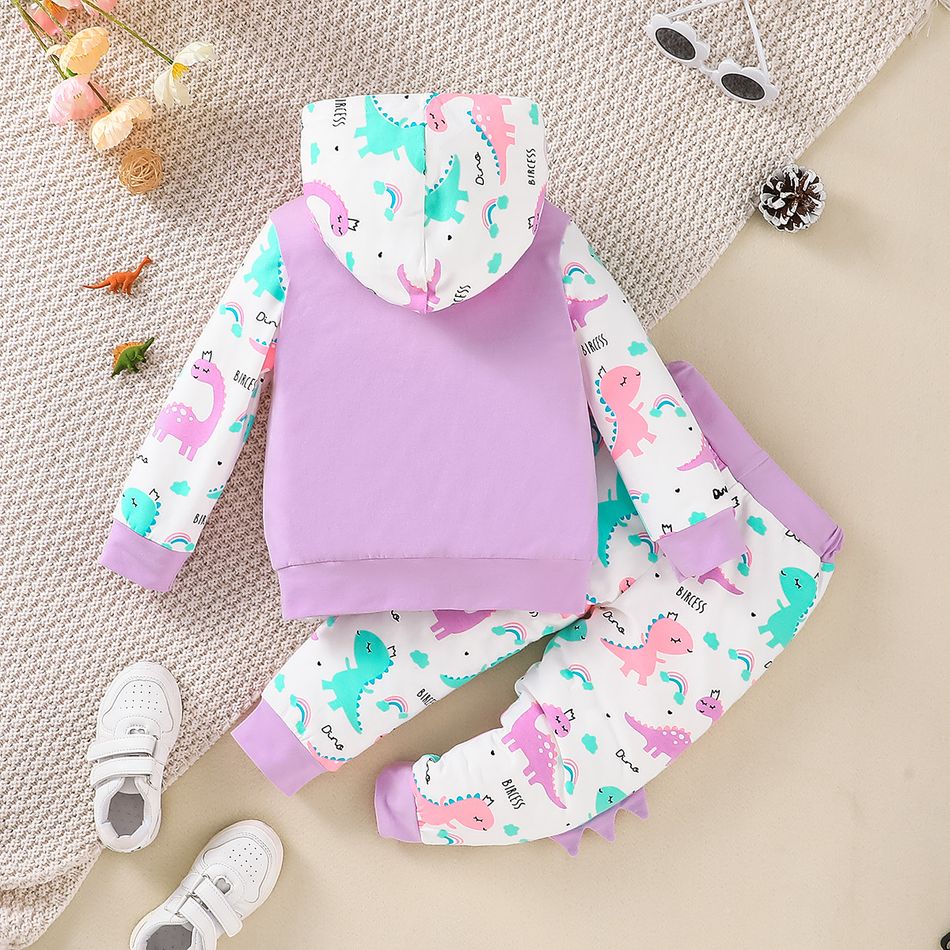 2pcs Toddler Girl Playful Dinosaur Print Colorblock Cotton Hoodie Sweatshirt and Pants Set Multi-color