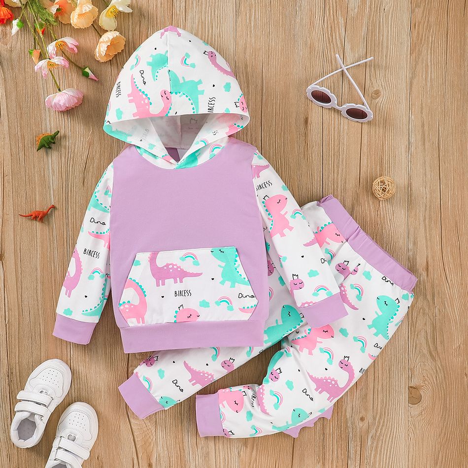 2pcs Toddler Girl Playful Dinosaur Print Colorblock Cotton Hoodie Sweatshirt and Pants Set Multi-color