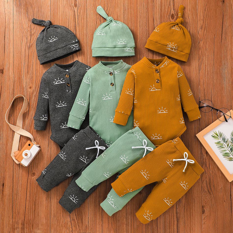 3-piece Baby Boy/Girl 95% Cotton Ribbed Long-sleeve Sun Print Button Design Romper and Elasticized Pants with Cap Set Green big image 2