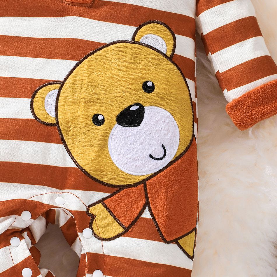 Baby Boy 3D Bear Ears Fleece Hooded Striped Long-sleeve Jumpsuit Brown big image 6