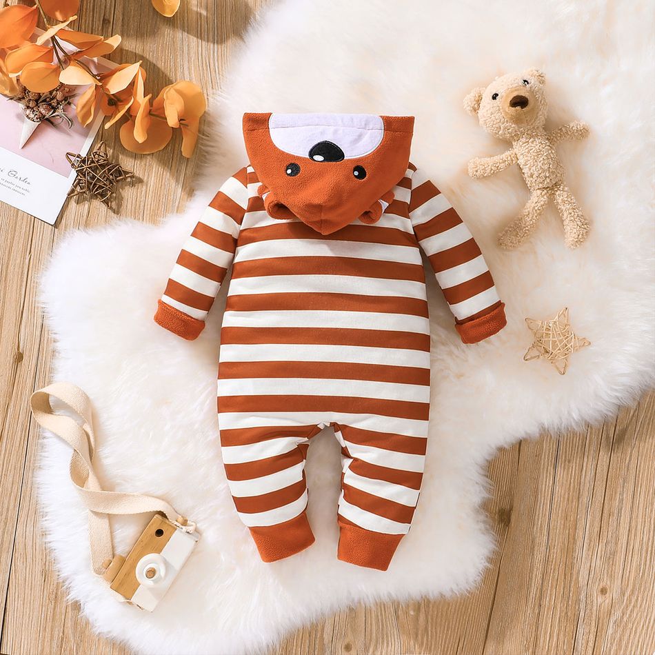 Baby Boy 3D Bear Ears Fleece Hooded Striped Long-sleeve Jumpsuit Brown big image 2