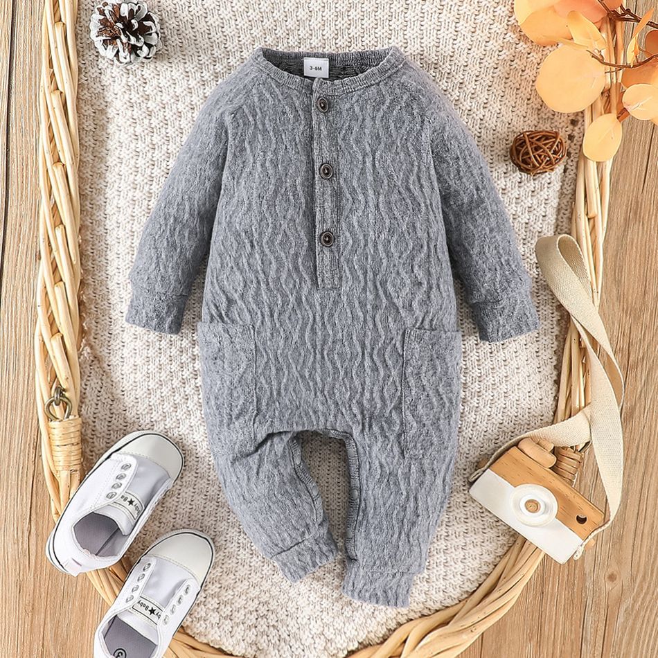 Baby Boy/Girl Grey Knitted Long-sleeve Button Jumpsuit Grey big image 1