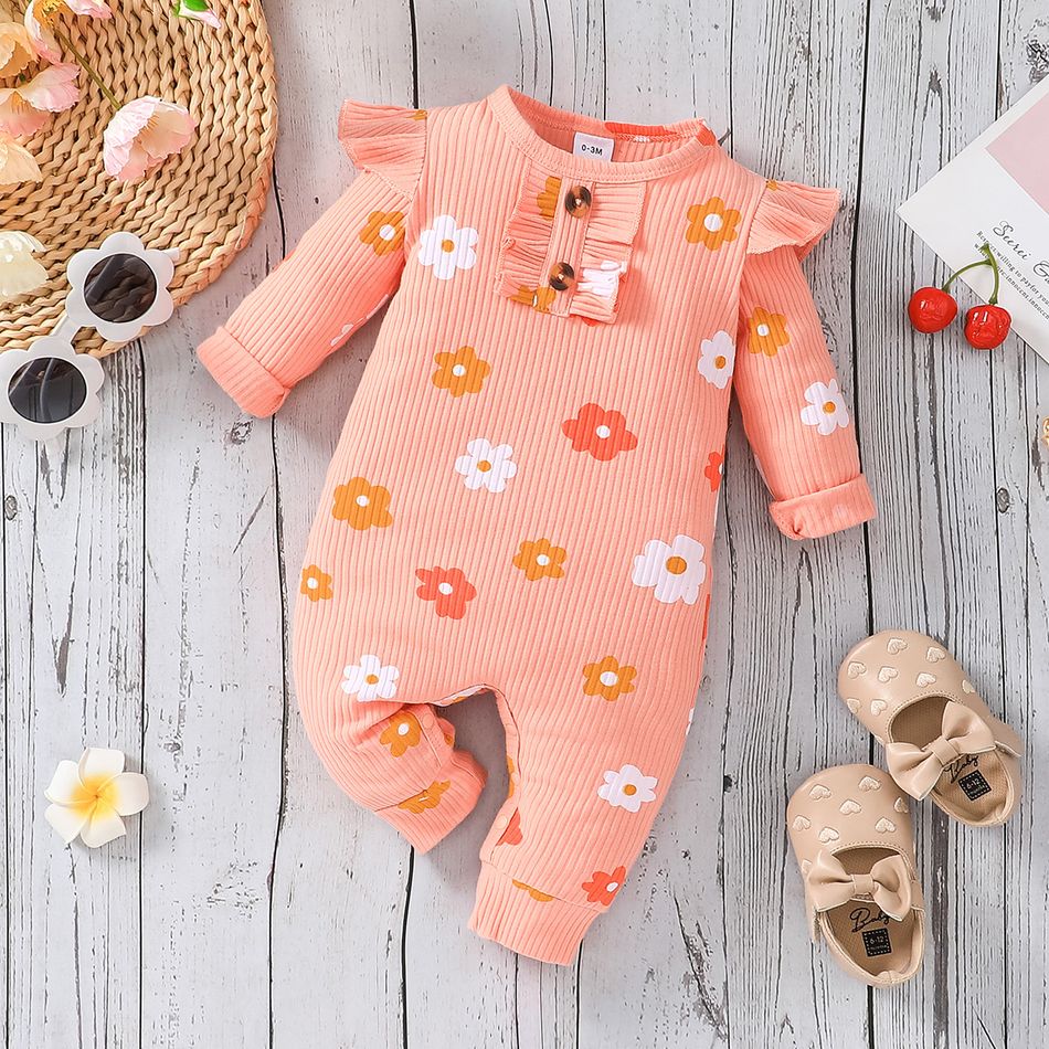 Baby Girl Allover Floral Print Pink Rib Knit Ruffle Trim Long-sleeve Jumpsuit Pink big image 6