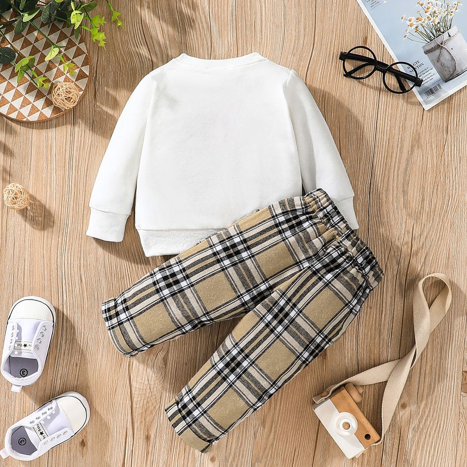 2pcs Baby Boy/Girl Long-sleeve Sweatshirt and Plaid Sweatpants Set White