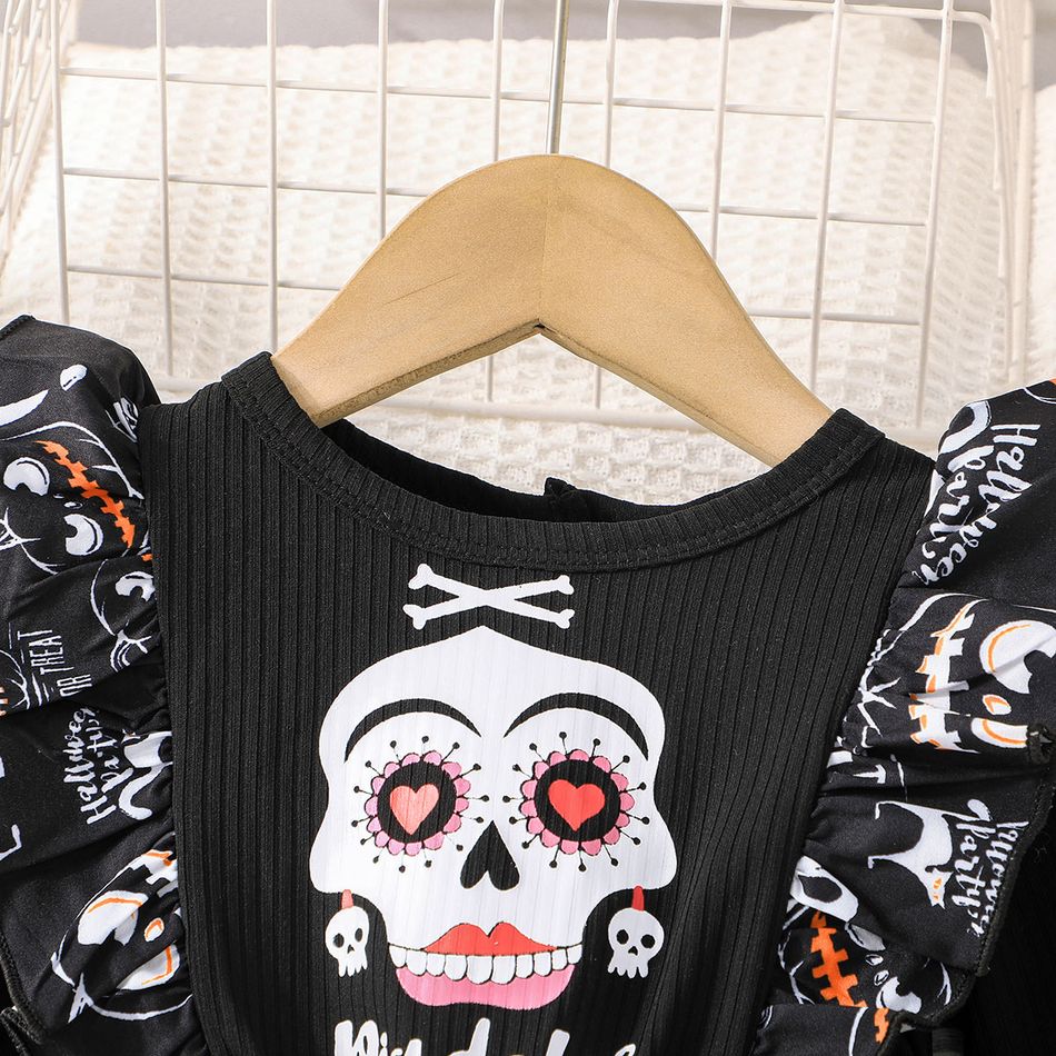 Toddler Girl Halloween Faux-two Skeleton Print Long-sleeve T-shirt Top and Overalls Pants Black Set Black big image 3
