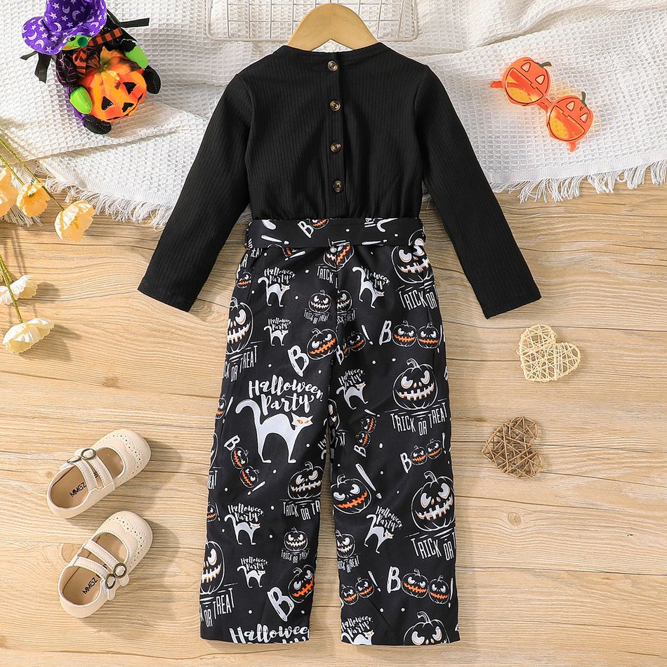 Toddler Girl Halloween Faux-two Skeleton Print Long-sleeve T-shirt Top and Overalls Pants Black Set Black