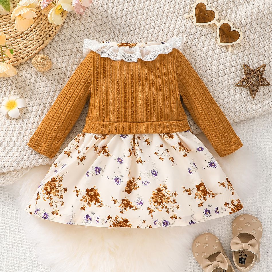 Baby Girl Button Front Ruffle Collar Floral Print & Ribbed Long-sleeve Dress tawny big image 2
