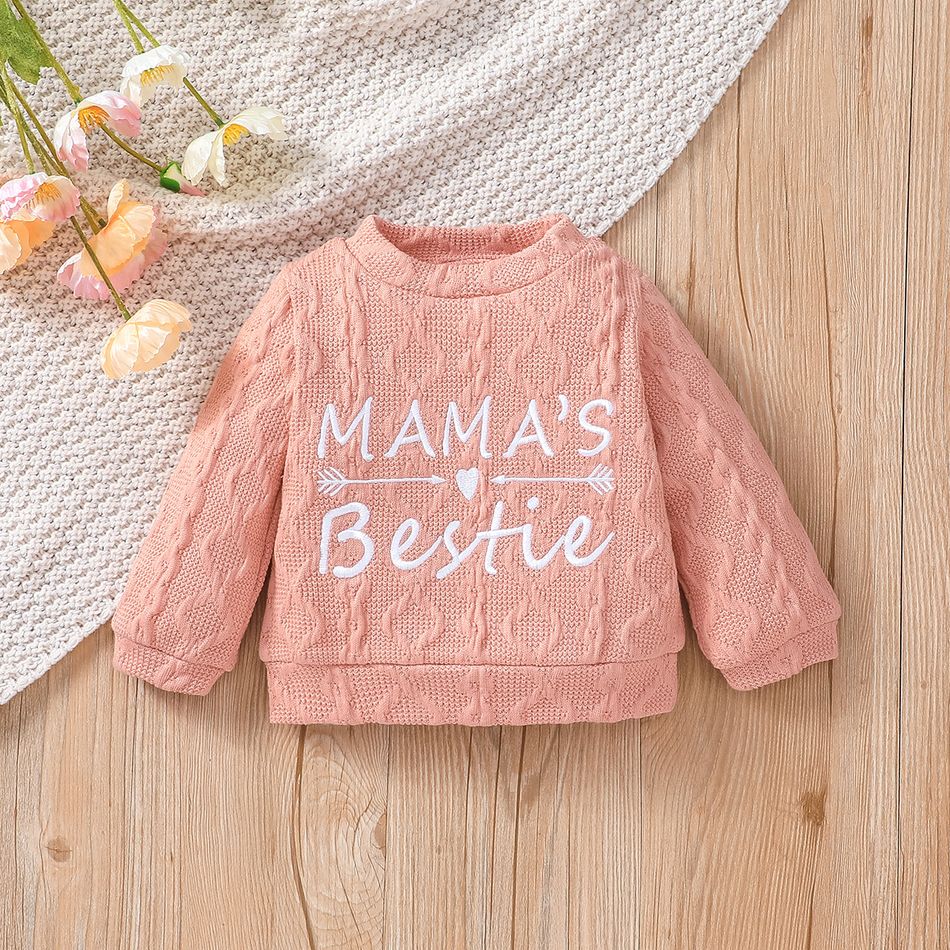 2pcs Baby Girl Letter Embroidered Imitation Knitting Long-sleeve Pullover and Floral Print Pants Set Pink big image 3