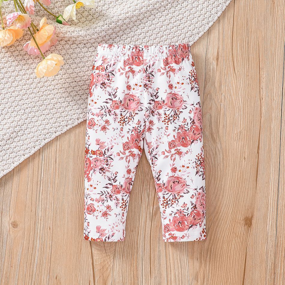 2pcs Baby Girl Letter Embroidered Imitation Knitting Long-sleeve Pullover and Floral Print Pants Set Pink big image 8