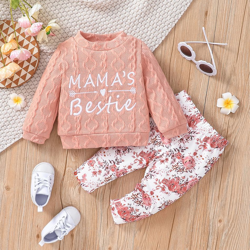 2pcs Baby Girl Letter Embroidered Imitation Knitting Long-sleeve Pullover and Floral Print Pants Set Pink big image 1