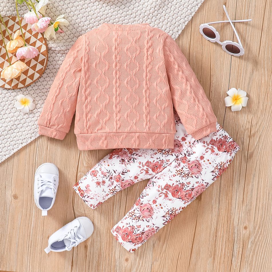 2pcs Baby Girl Letter Embroidered Imitation Knitting Long-sleeve Pullover and Floral Print Pants Set Pink big image 2