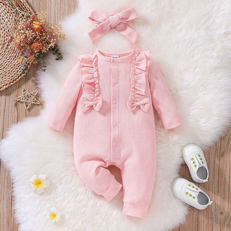 2pcs Baby Girl Pink Waffle Ruffle Trim Bow Front Long-sleeve Jumpsuit with Headband Set Pink big image 1
