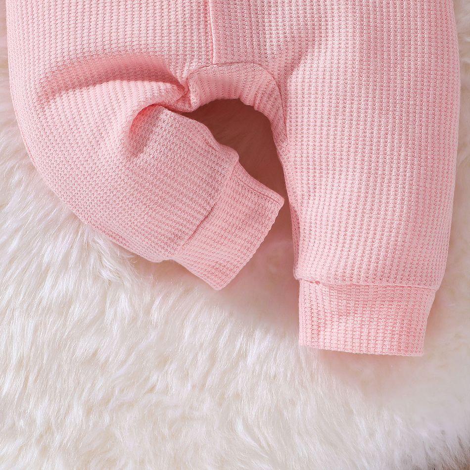 2pcs Baby Girl Pink Waffle Ruffle Trim Bow Front Long-sleeve Jumpsuit with Headband Set Pink