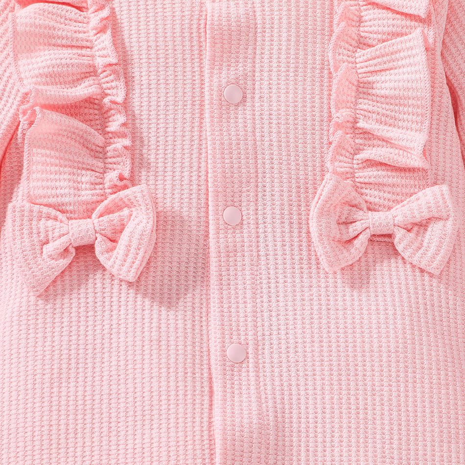 2pcs Baby Girl Pink Waffle Ruffle Trim Bow Front Long-sleeve Jumpsuit with Headband Set Pink big image 4