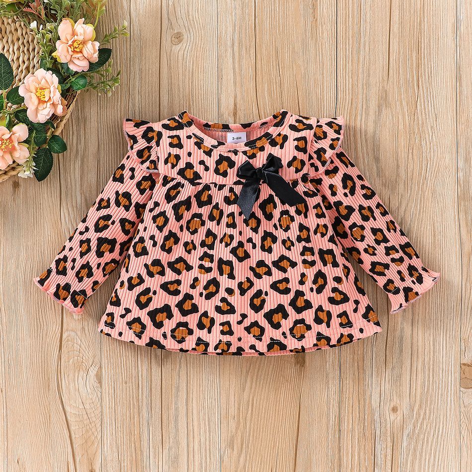 3pcs Baby Girl Leopard Print Ruffle Long-sleeve Bow Front Ribbed Top and Solid Pants with Headband Set Pink big image 3