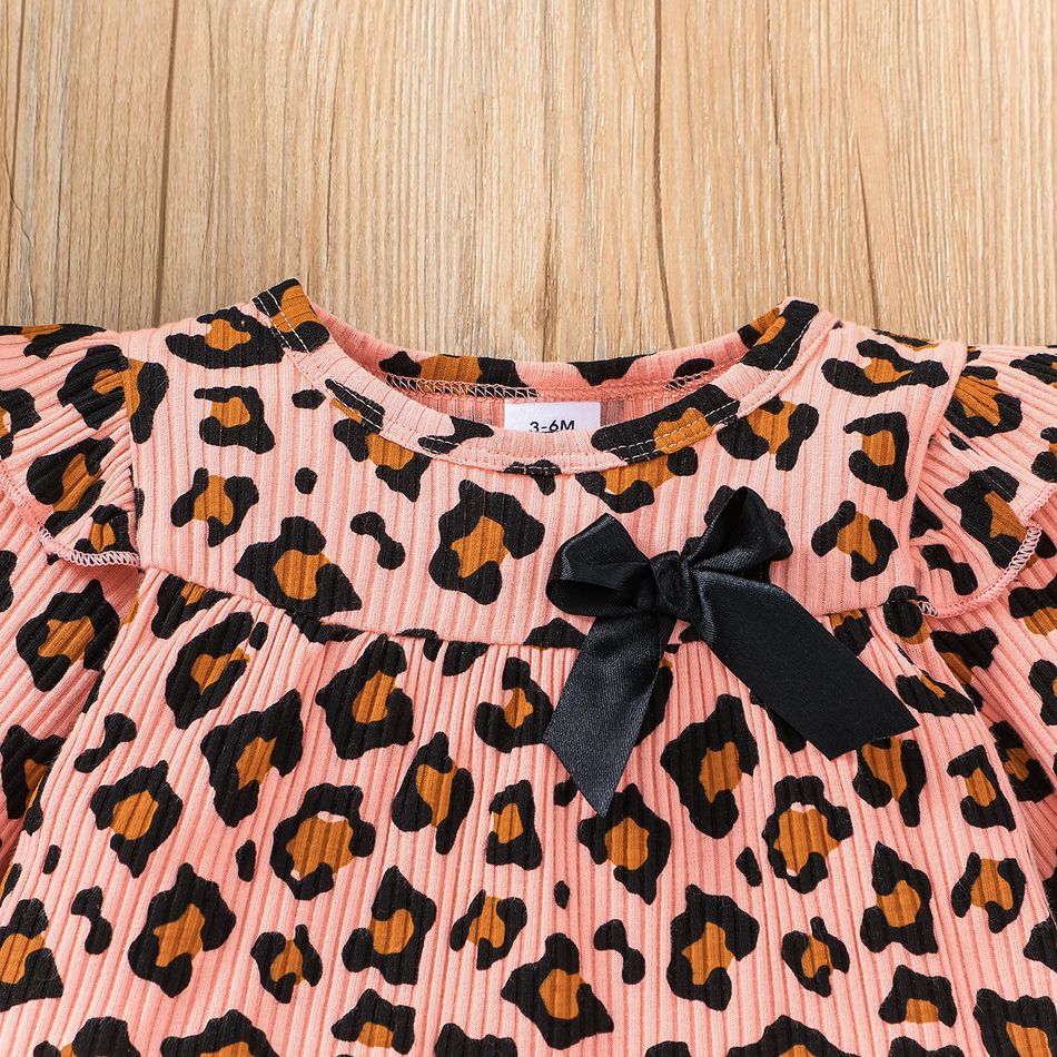 3pcs Baby Girl Leopard Print Ruffle Long-sleeve Bow Front Ribbed Top and Solid Pants with Headband Set Pink big image 4
