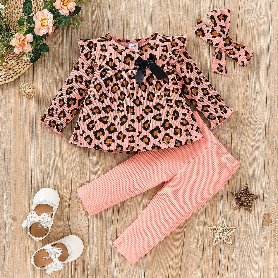 3pcs Baby Girl Leopard Print Ruffle Long-sleeve Bow Front Ribbed Top and Solid Pants with Headband Set Pink