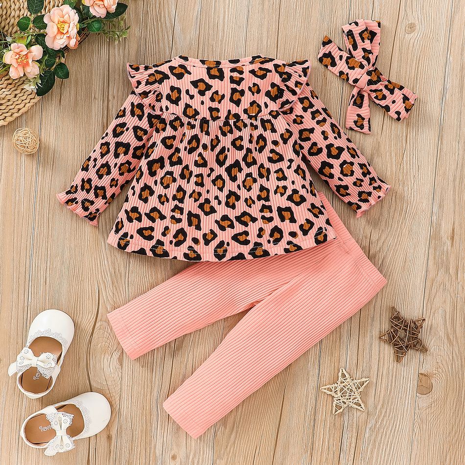 3pcs Baby Girl Leopard Print Ruffle Long-sleeve Bow Front Ribbed Top and Solid Pants with Headband Set Pink big image 2
