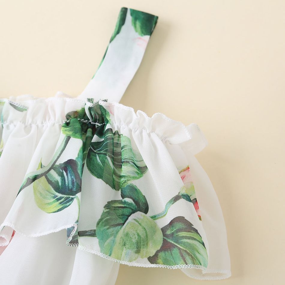 Toddler Girl Sweet Floral Print Off Shoulder Chiffon Slip Dress White big image 3