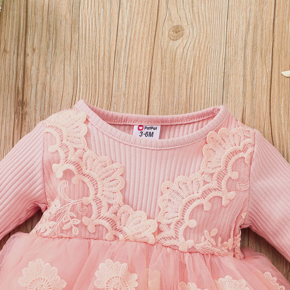 Baby Girl Pink Ribbed Long-sleeve Floral Lace Mesh Party Dress Pink big image 3