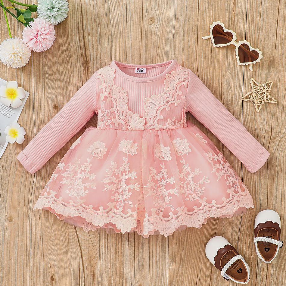 Baby Girl Pink Ribbed Long-sleeve Floral Lace Mesh Party Dress Pink
