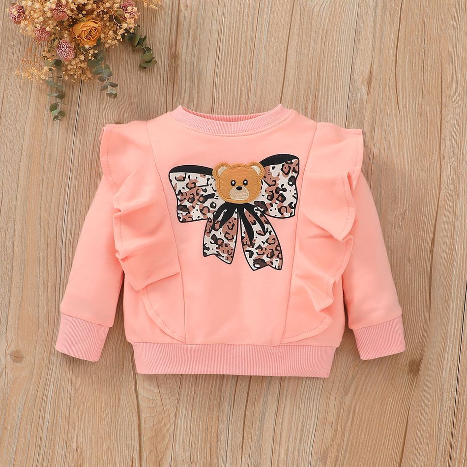 2pcs Baby Girl Leopard Bow Print Bear Detail Pink Ruffle Trim Long-sleeve Sweatshirt and Sweatpants Set Pink big image 3