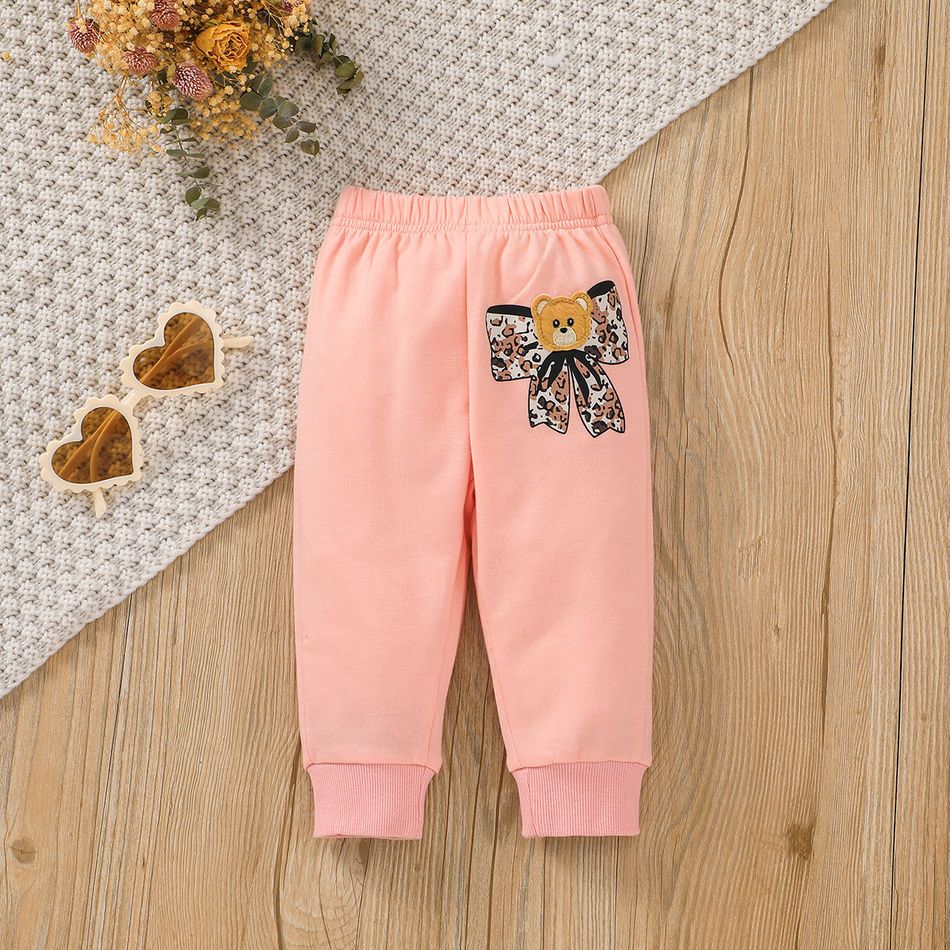 2pcs Baby Girl Leopard Bow Print Bear Detail Pink Ruffle Trim Long-sleeve Sweatshirt and Sweatpants Set Pink big image 8