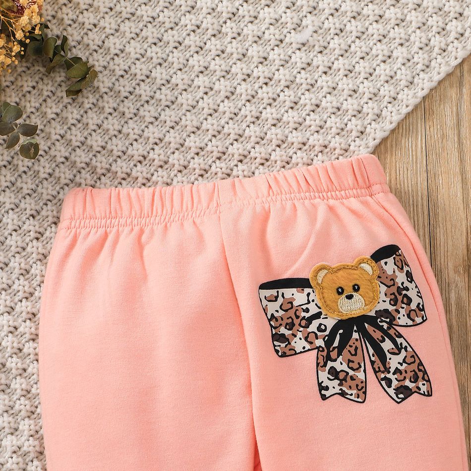 2pcs Baby Girl Leopard Bow Print Bear Detail Pink Ruffle Trim Long-sleeve Sweatshirt and Sweatpants Set Pink big image 9