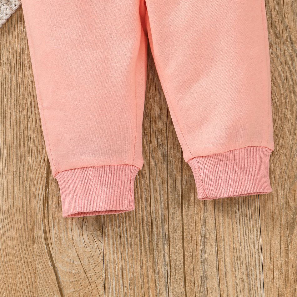 2pcs Baby Girl Leopard Bow Print Bear Detail Pink Ruffle Trim Long-sleeve Sweatshirt and Sweatpants Set Pink