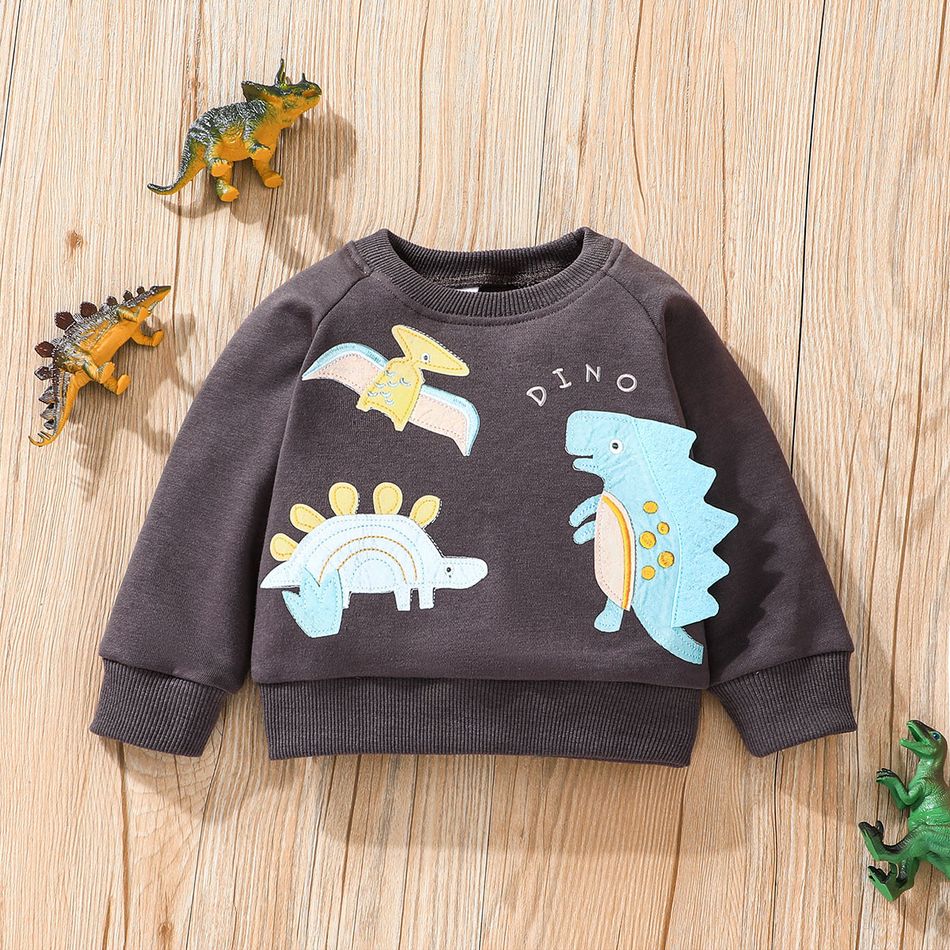 2pcs Baby Boy Raglan-sleeve Dinosaur Print Sweatshirt & Sweatpants Set Grey big image 3