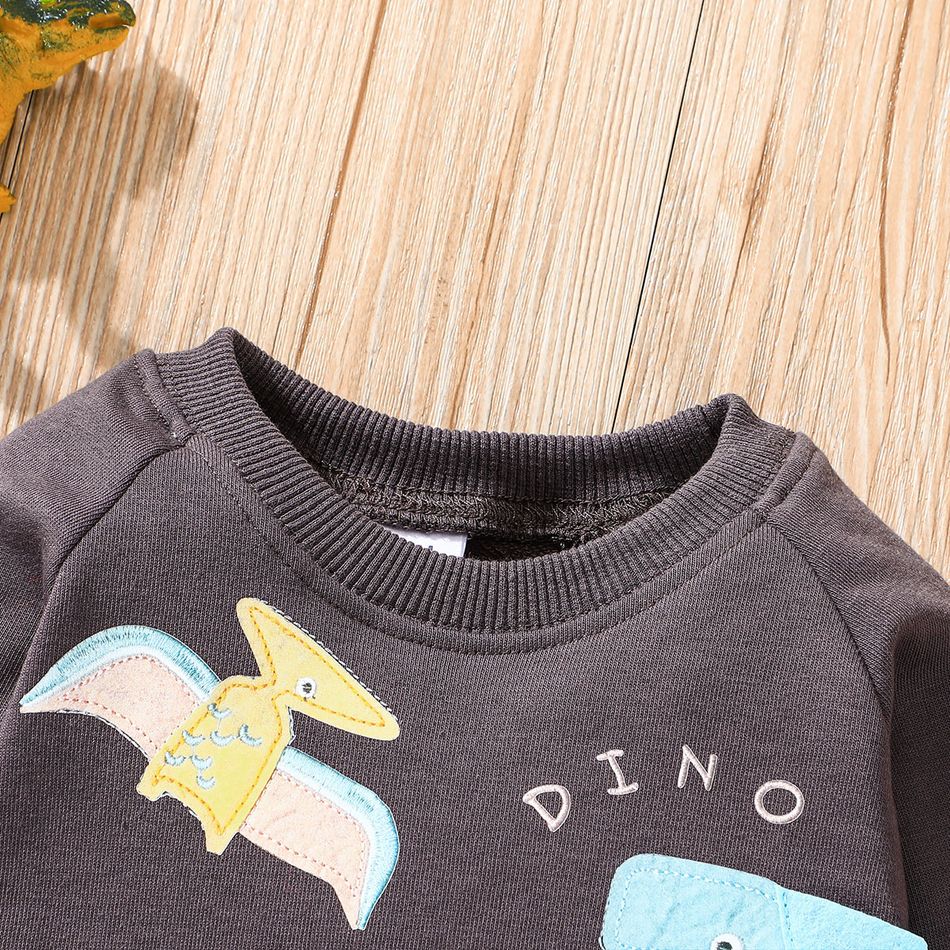 2pcs Baby Boy Raglan-sleeve Dinosaur Print Sweatshirt & Sweatpants Set Grey big image 4
