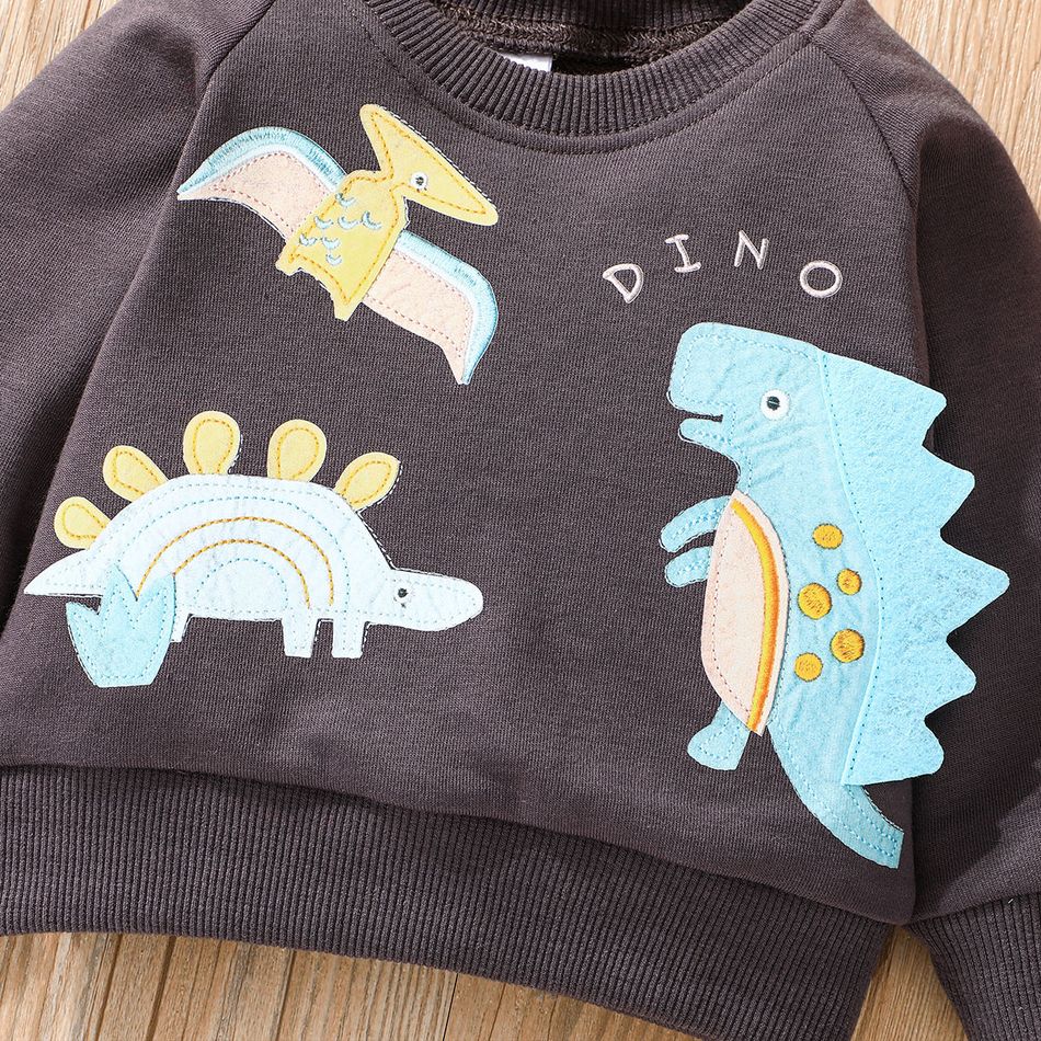 2pcs Baby Boy Raglan-sleeve Dinosaur Print Sweatshirt & Sweatpants Set Grey big image 5