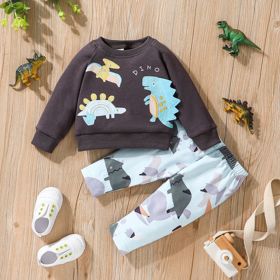 2pcs Baby Boy Raglan-sleeve Dinosaur Print Sweatshirt & Sweatpants Set Grey