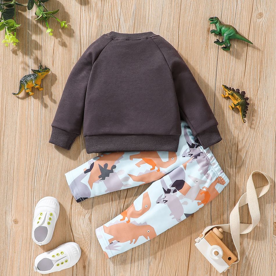 2pcs Baby Boy Raglan-sleeve Dinosaur Print Sweatshirt & Sweatpants Set Grey big image 2