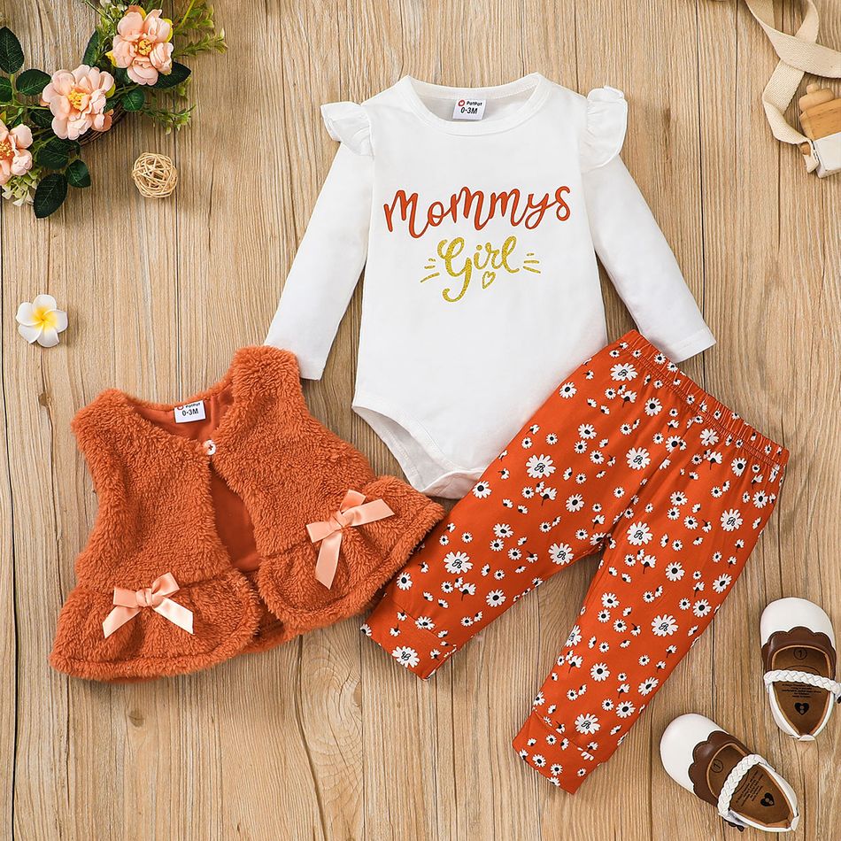 3pcs Baby Girl 95% Cotton Ruffle Long-sleeve Letter Graphic Romper and Allover Floral Print Pants with Bow Front Fuzzy Vest Set Brown big image 3