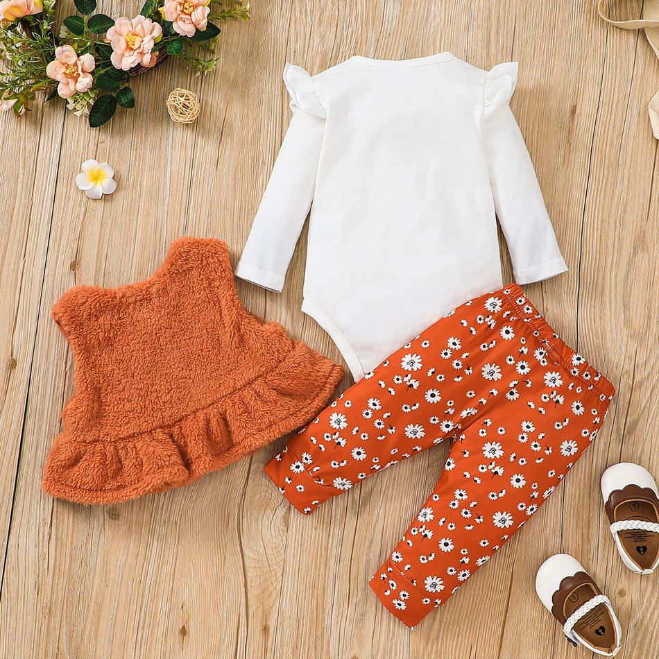 3pcs Baby Girl 95% Cotton Ruffle Long-sleeve Letter Graphic Romper and Allover Floral Print Pants with Bow Front Fuzzy Vest Set Brown big image 2