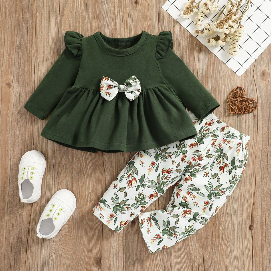 2pcs Baby 95% Cotton Ruffle Long-sleeve Bowknot Top and All Over Leaves Print Trousers Set Dark Green big image 7