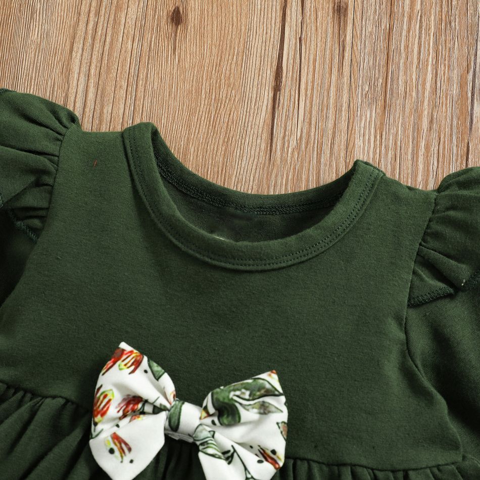2pcs Baby 95% Cotton Ruffle Long-sleeve Bowknot Top and All Over Leaves Print Trousers Set Dark Green big image 8