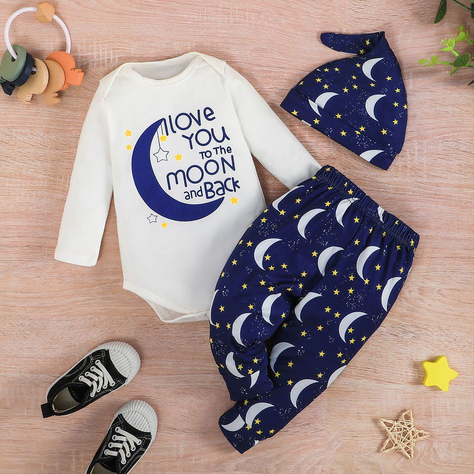 3pcs Baby Boy 95% Cotton Long-sleeve Graphic Romper and  Moon & Stars Print Pants with Hat Set Tibetanblue