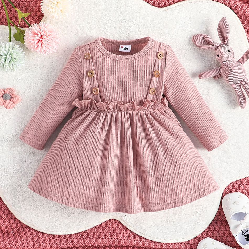 Baby Girl Pink Waffle Textured Ruffle Trim Long-sleeve Dress rediance