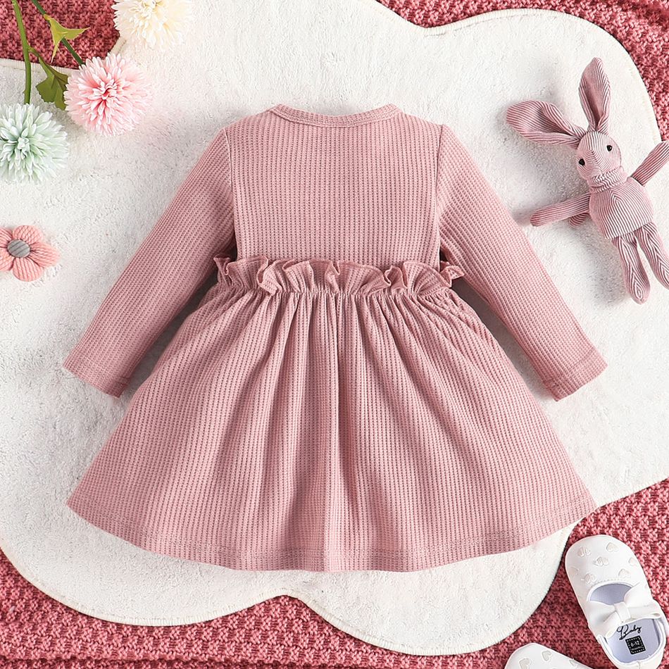 Baby Girl Pink Waffle Textured Ruffle Trim Long-sleeve Dress rediance big image 2