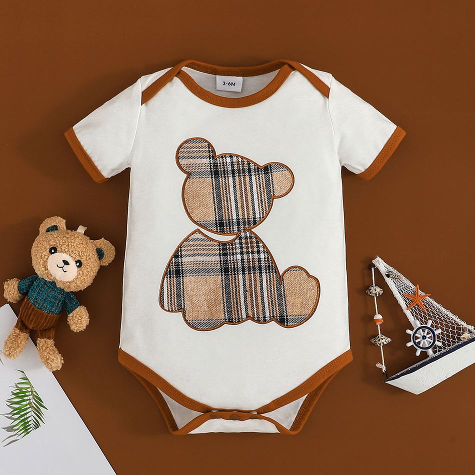 Baby Boy/Girl Plaid Bear Graphic Short-sleeve Romper White big image 1