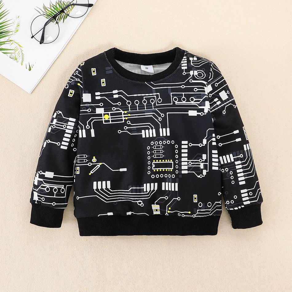 2pcs Toddler Boy Trendy Allover Print Sweatshirt and Pocket Design Cargo Pants Set Black big image 2