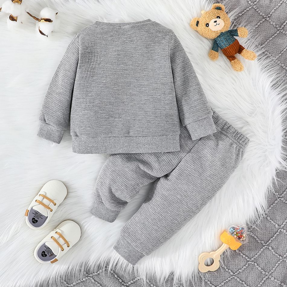 2pcs Baby Boy Bear Embroidered Grey Waffle Long-sleeve Sweatshirt and Sweatpants Set Grey big image 2