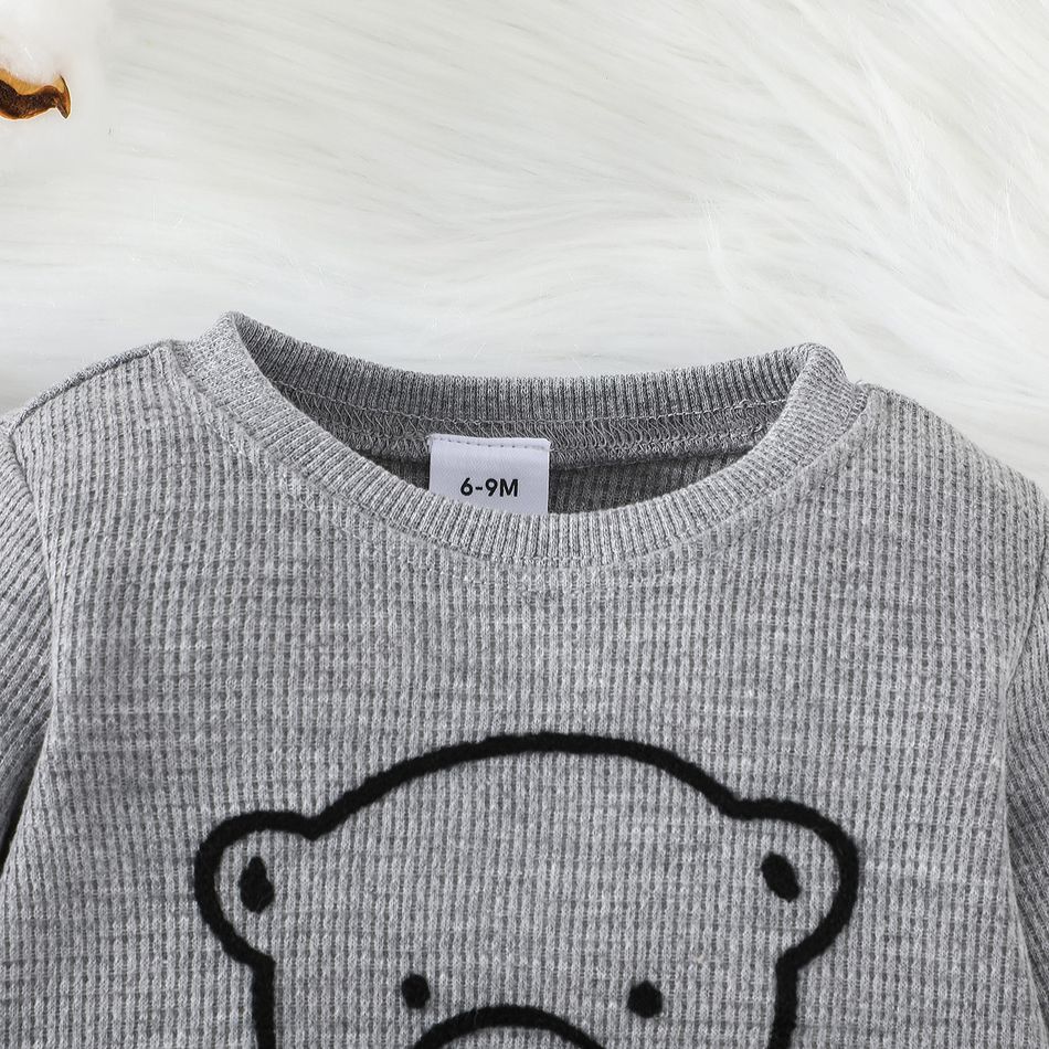 2pcs Baby Boy Bear Embroidered Grey Waffle Long-sleeve Sweatshirt and Sweatpants Set Grey big image 4