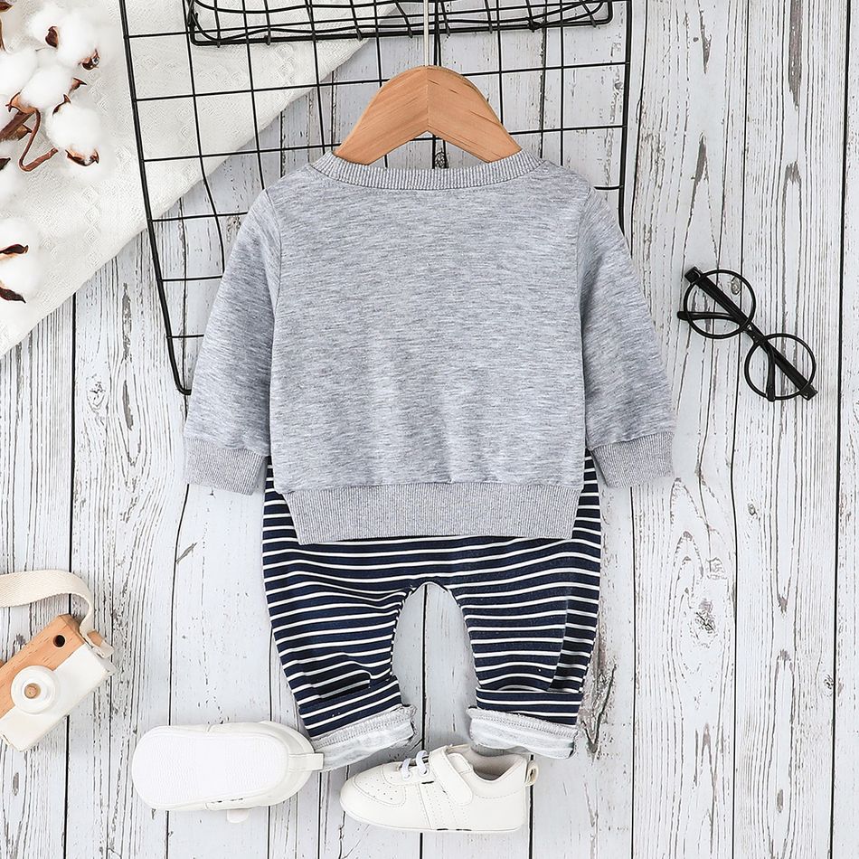 2pcs Baby Boy Long-sleeve Graphic Sweatshirt and Striped Pants Set Grey big image 2