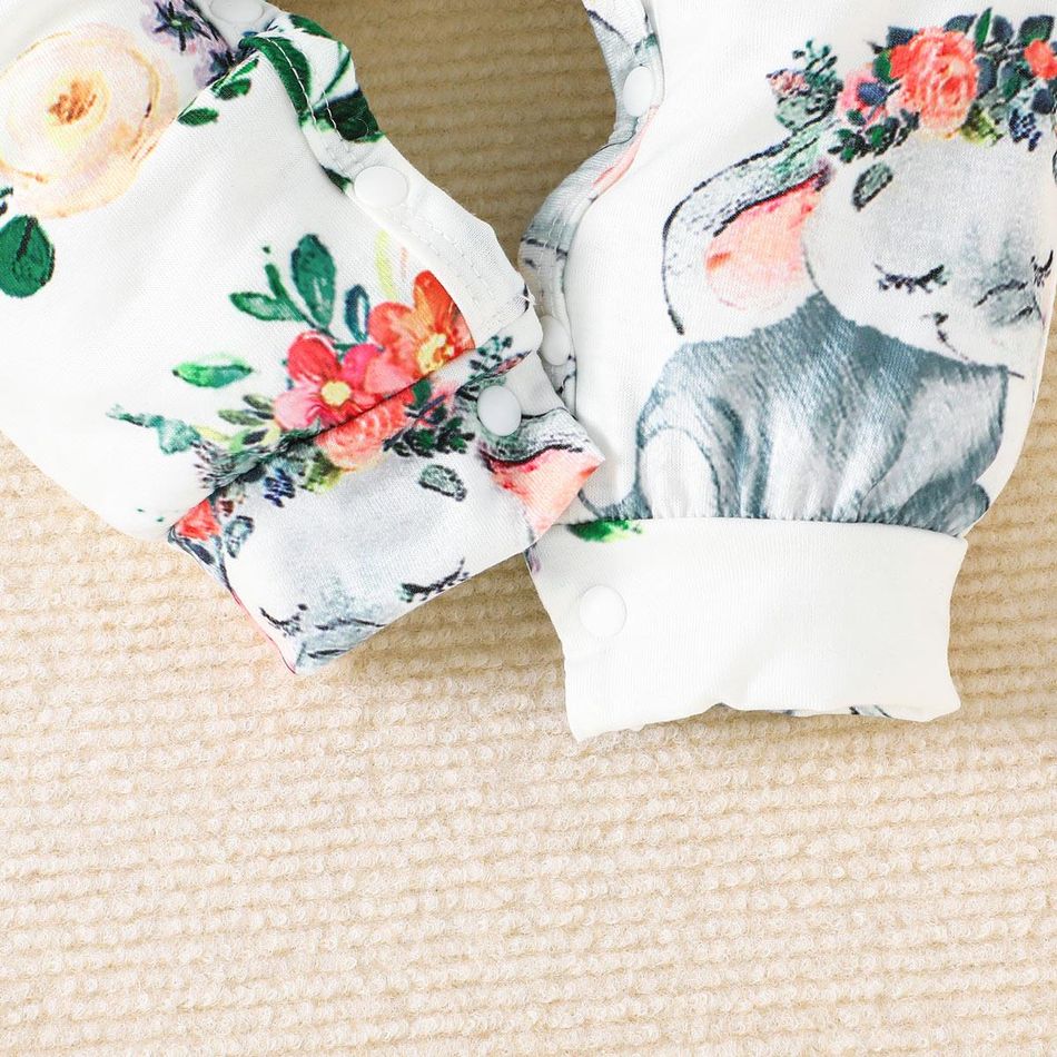 2pcs Baby Girl Allover Elephant Print Ruffle Long-sleeve Jumpsuit & Headband Set White big image 6